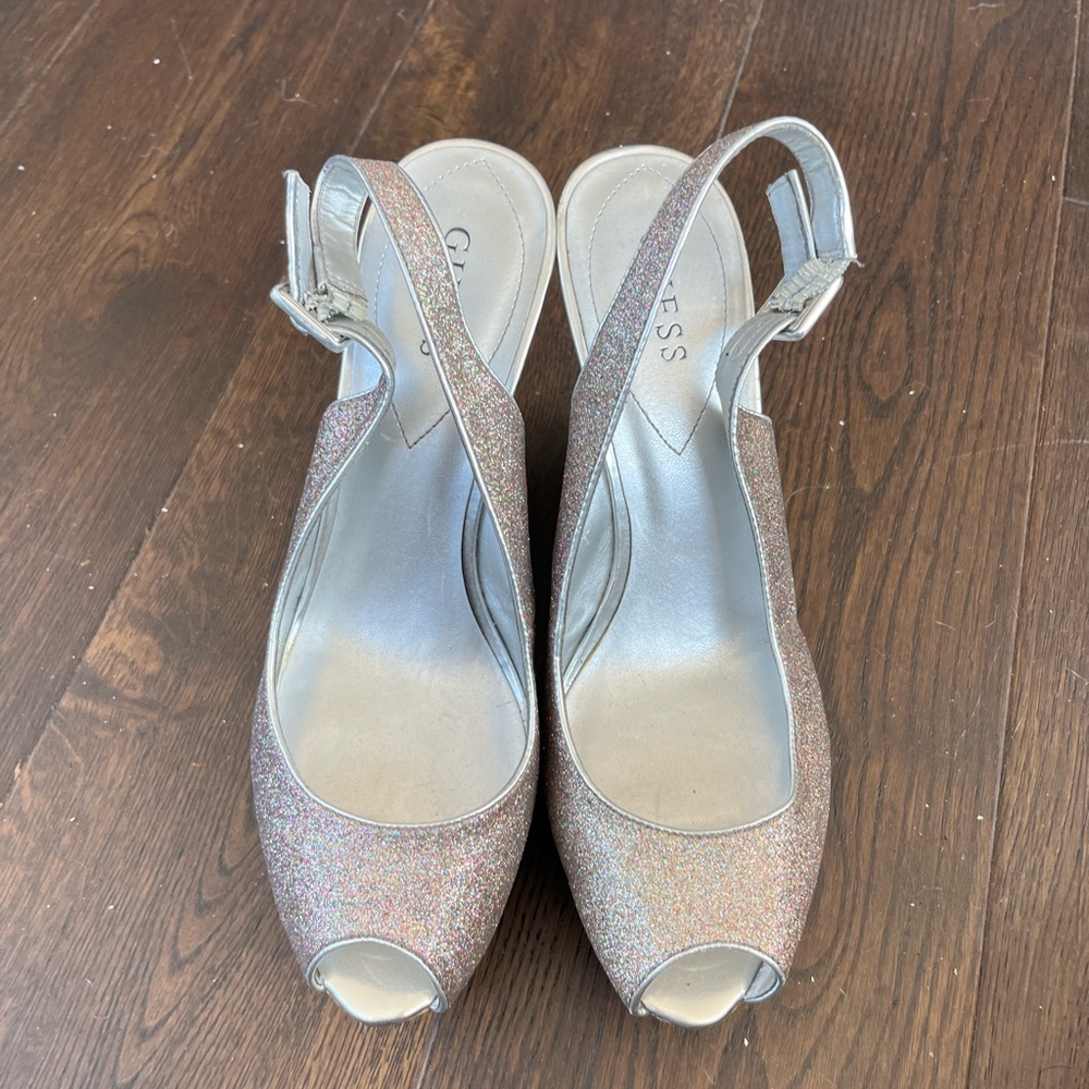 Once worn Guess Peep toe wedge sling back size 11